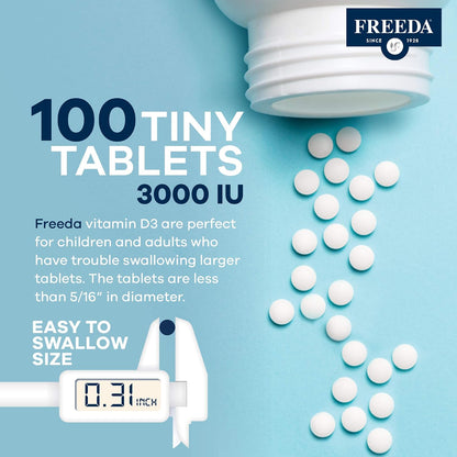 FREEDA Vitamin D3-3000 IU - Pure High Potency Kosher Supplement Tablets - Bone and Muscle Health, Calcium Absorption, Immune Support for Men and Women* - 100 Tiny Tablets | Supports Bone, Muscle & Immune Health – Helps Calcium Absorption – Easy-to-Swallow