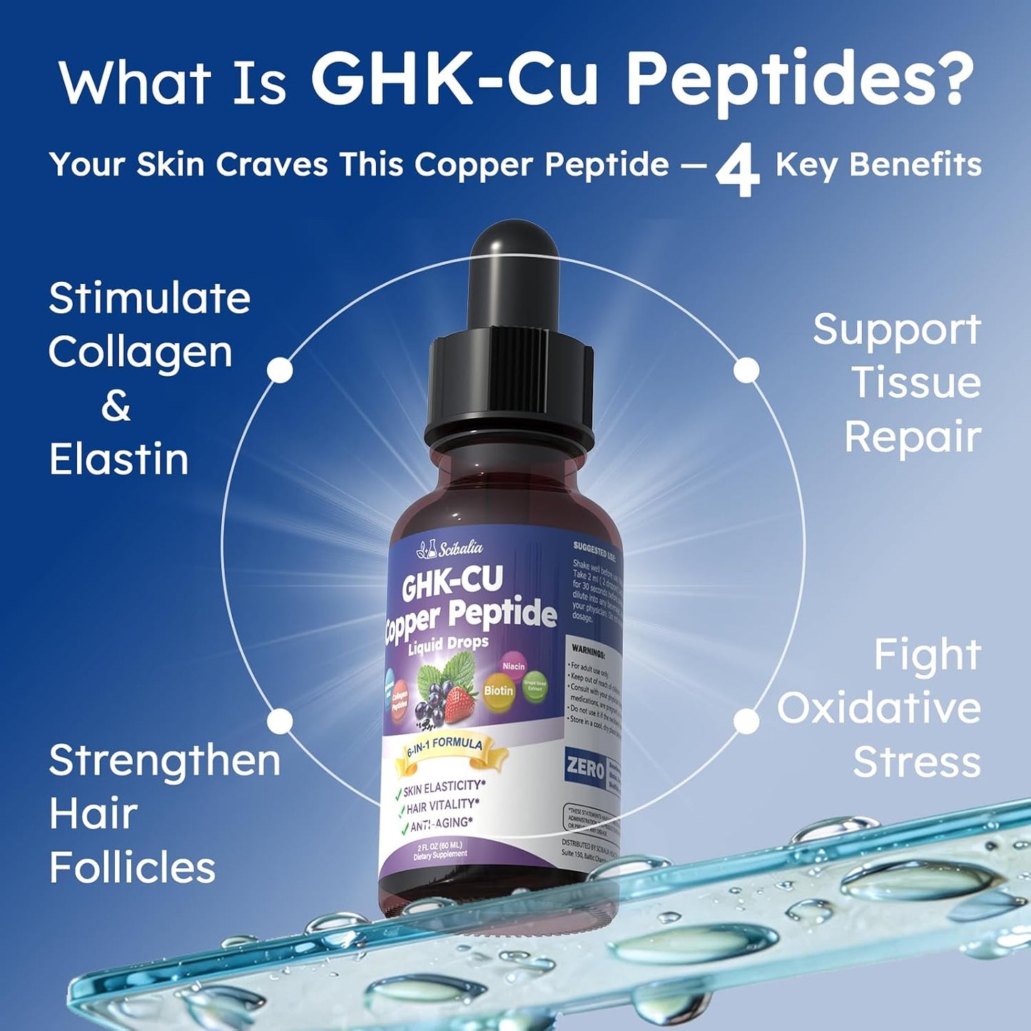GHK-CU Peptide Supplement Liquid Drops for Women Men | Premium 6-in-1 GHK CU Copper Peptides w. Marine Collagen Hyaluronic Acid Biotin for Anti-Aging, Skin Hair Growth Support