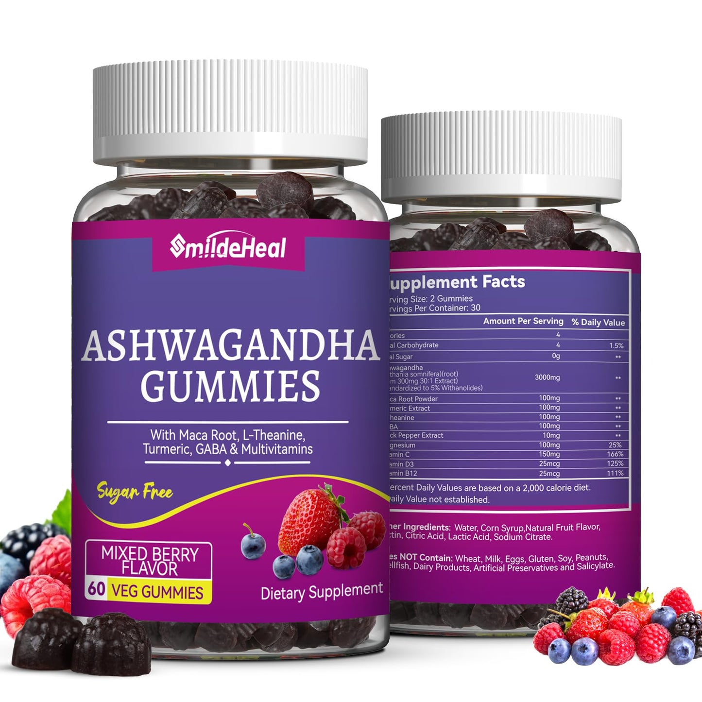 Ashwagandha Gummies 3000mg for Calm & Stress Relief, 60 Count, Vegan | Ashwagandha High Strength Root Extract Supplement with L-Theanine, Trumeric, D3 for Women & Men - Natural Mixed Berry Flavor