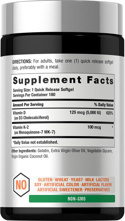 Horbäach Vitamin D3 K2 5000 iu | 100mcg MK-7 Complex | 180 Softgel Capsules | Non-GMO & Gluten Free Supplement
