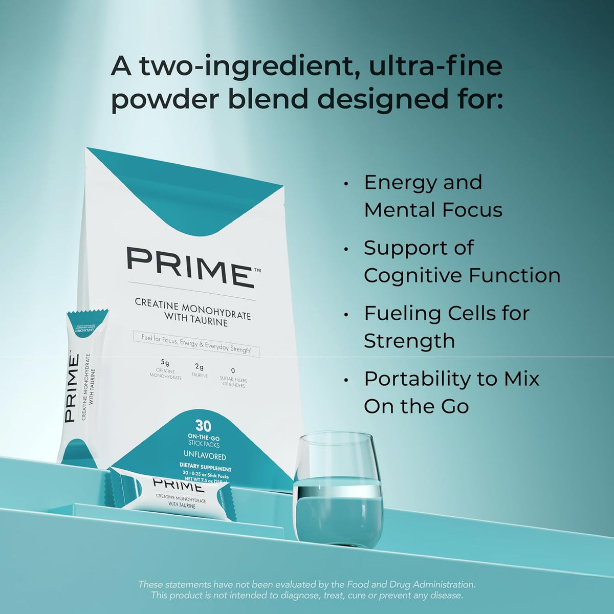 PRIME Creatine Monohydrate with Taurine - Muscle Energy & Strength, 5g Creatine, Vegan & Dairy-Free, 30 Stick Packs