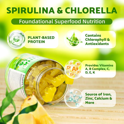2 Pack Spirulina Chlorella Gummies, Supports Daily Energy & Immune System | Super Greens Blend with Protein, Chlorophyll, Vitamin C, D3, B12, Zinc, Pineapple Flavor, 120 Count