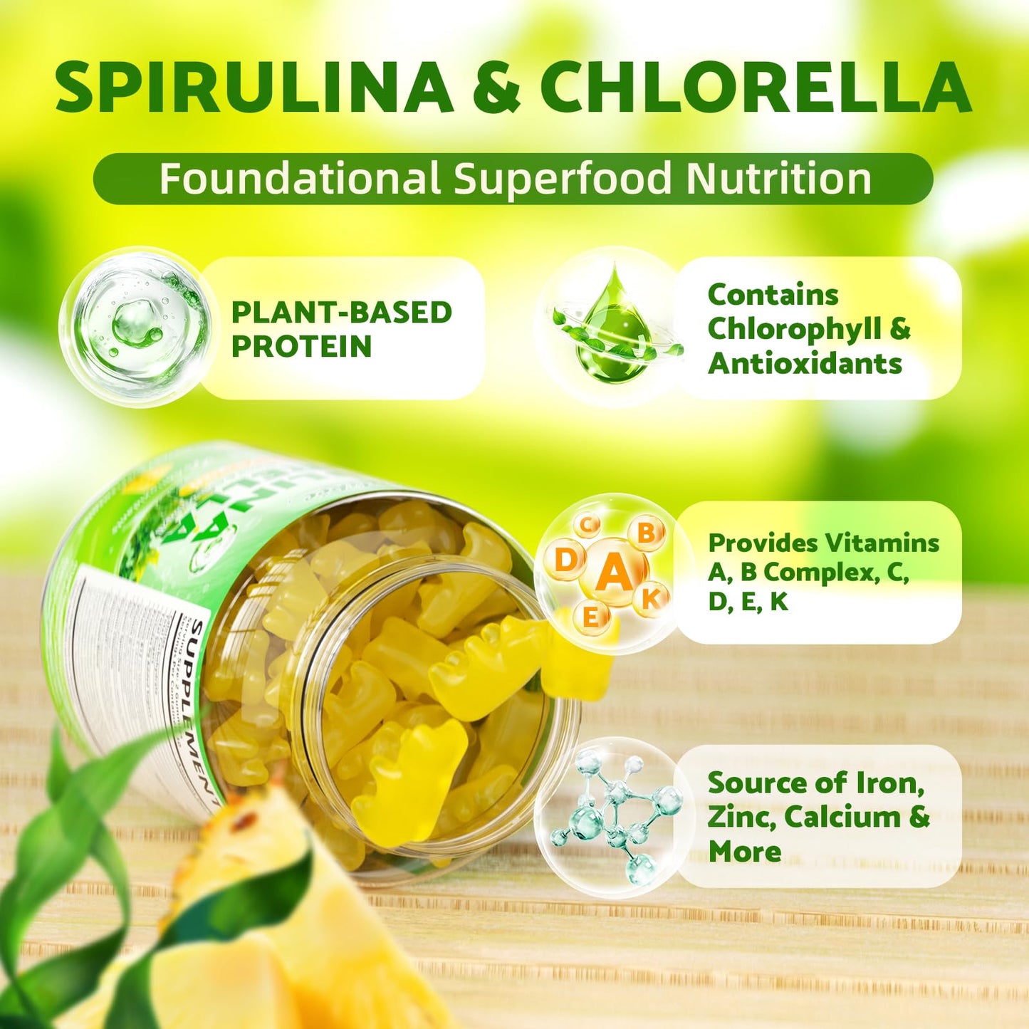2 Pack Spirulina Chlorella Gummies, Supports Daily Energy & Immune System | Super Greens Blend with Protein, Chlorophyll, Vitamin C, D3, B12, Zinc, Pineapple Flavor, 120 Count