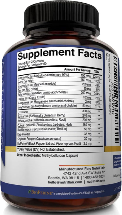 NutriFlair Thyroid Support Complex, 120 Capsules - with Iodine, Black Pepper, Ashwagandha, Vitamin B12 - Thyroid Supplement for Women and Men