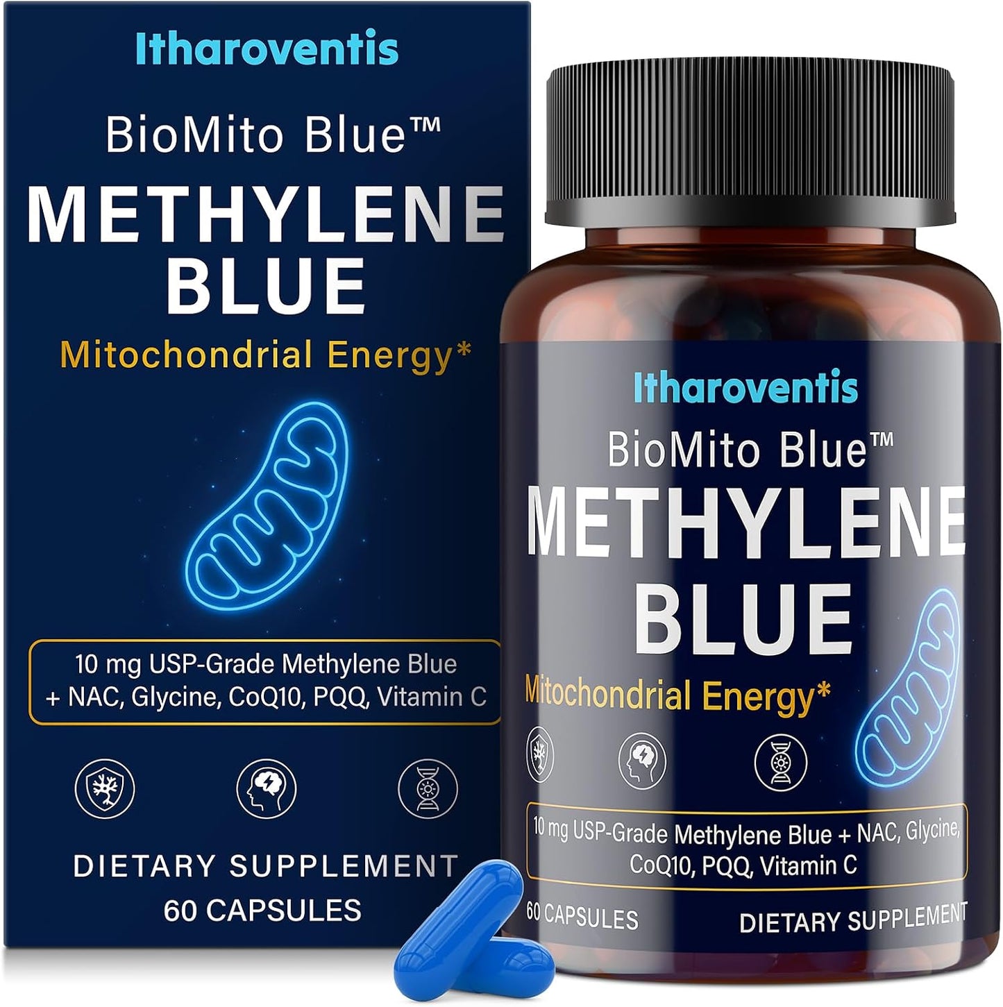 Itharoventis Methylene Blue Capsules with CoQ10, NAC & PQQ, 60 Count | USP-grade methylene blue with glycine and vitamin C; capsule format, formaldehyde-free formula