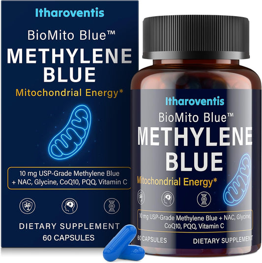 Itharoventis Methylene Blue Capsules with CoQ10, NAC & PQQ, 60 Count | USP-grade methylene blue with glycine and vitamin C; capsule format, formaldehyde-free formula