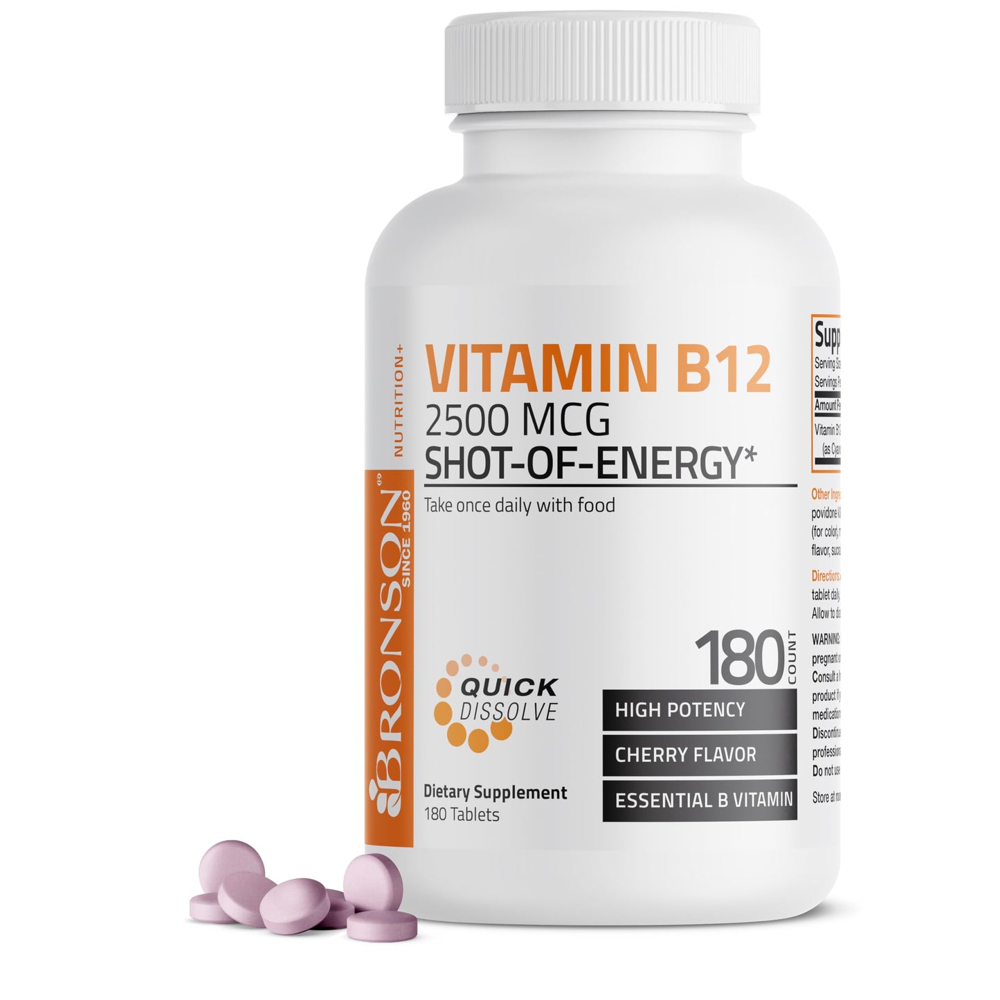 Vitamin B12 2500mcg Shot of Energy Fast Dissolve Chewable Tablets - Quick Release Cherry Flavored Sublingual B12 Vitamin - Supports Nervous System, Healthy Brain Function Energy Production – 90 Count