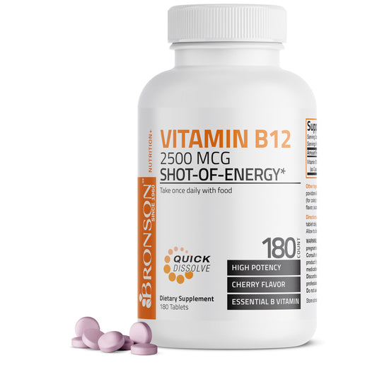 Vitamin B12 2500mcg Shot of Energy Fast Dissolve Chewable Tablets - Quick Release Cherry Flavored Sublingual B12 Vitamin - Supports Nervous System, Healthy Brain Function Energy Production – 90 Count