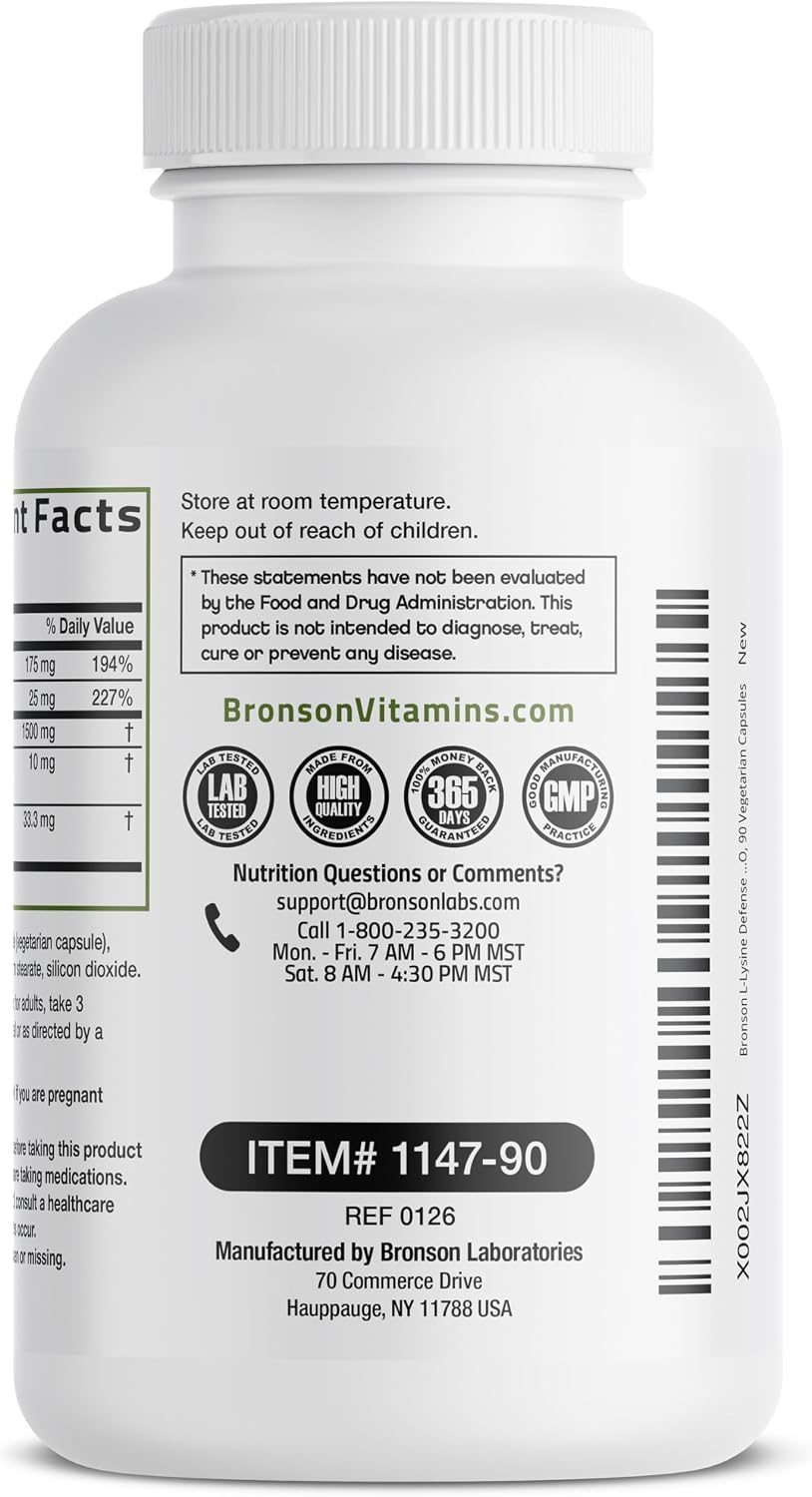 Bronson L-Lysine Defense Immune Support Complex, 1500 mg, 90 Capsules | Essential Amino Acid with Olive Leaf, Garlic, Vitamin C & Zinc, Vegetarian, Non-GMO, Gluten-Free & Soy-Free