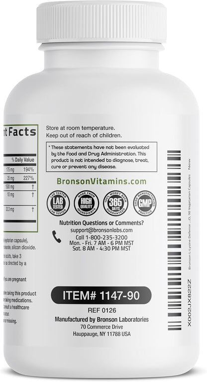Bronson L-Lysine Defense Immune Support Complex, 1500 mg, 90 Capsules | Essential Amino Acid with Olive Leaf, Garlic, Vitamin C & Zinc, Vegetarian, Non-GMO, Gluten-Free & Soy-Free