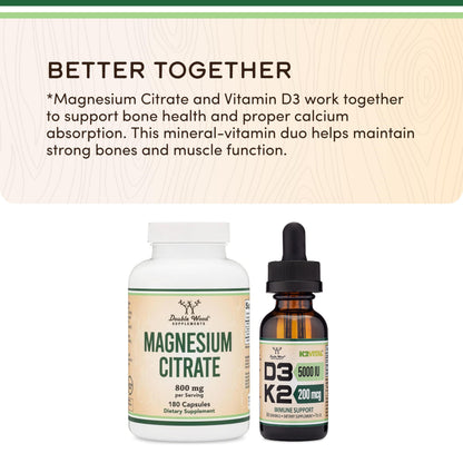 Magnesium Citrate 800mg, 180 Capsules, Digestion & Constipation Support, Vegan Safe, Non-GMO, Double Wood Supplements