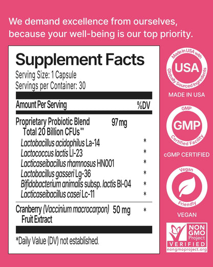 Vaginal Health Probiotics - 20B CFU with Cranberry - 30 CT | pH Balance, Yeast, Odor Control Supplement - 6 Authentic Strains with Natural Cranberry for Urinary & Gut Health