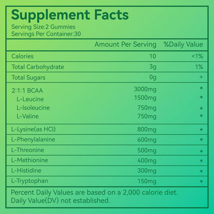EAA Gummies, Essential Amino Acids, Apple Flavor, 60 Vegan Gummies | All 9 Essential Aminos (EAA) and All Branched-Chain Aminos (BCAAs) for Muscle Recovery, Energy Support, Non-GMO, Gluten Free