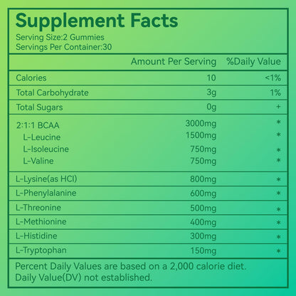 EAA Gummies, Essential Amino Acids, Apple Flavor, 60 Vegan Gummies | All 9 Essential Aminos (EAA) and All Branched-Chain Aminos (BCAAs) for Muscle Recovery, Energy Support, Non-GMO, Gluten Free