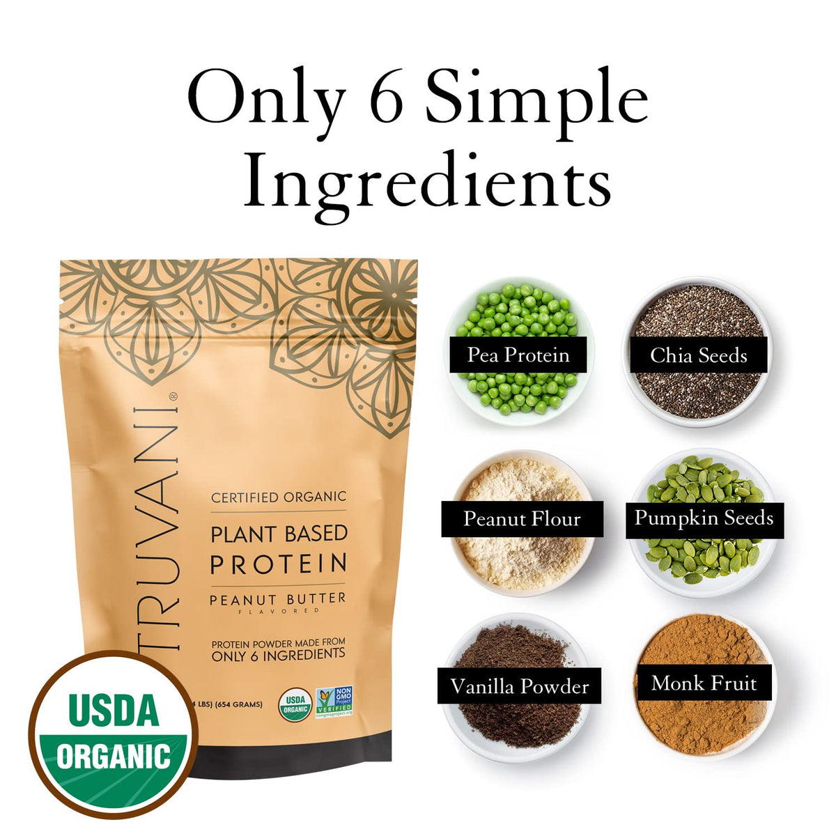 Truvani Organic Vegan Protein Powder Peanut Butter - 20g of Plant Based Protein, Powder