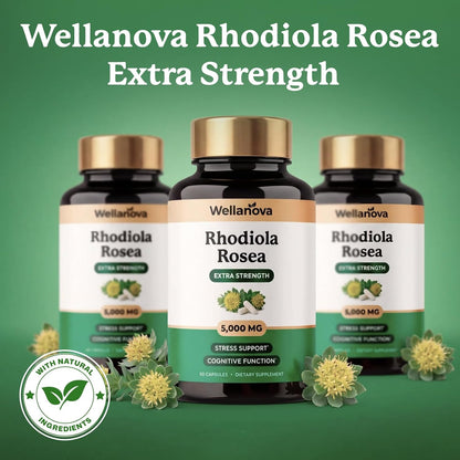 Rhodiola Rosea Supplement Capsules - Extra Strength 10:1 Root Extract 500 mg Equivalent to 5,000 mg Whole Rhodiola - Adaptogenic Herb for Stress Support & Cognitive Function - 60 Capsules