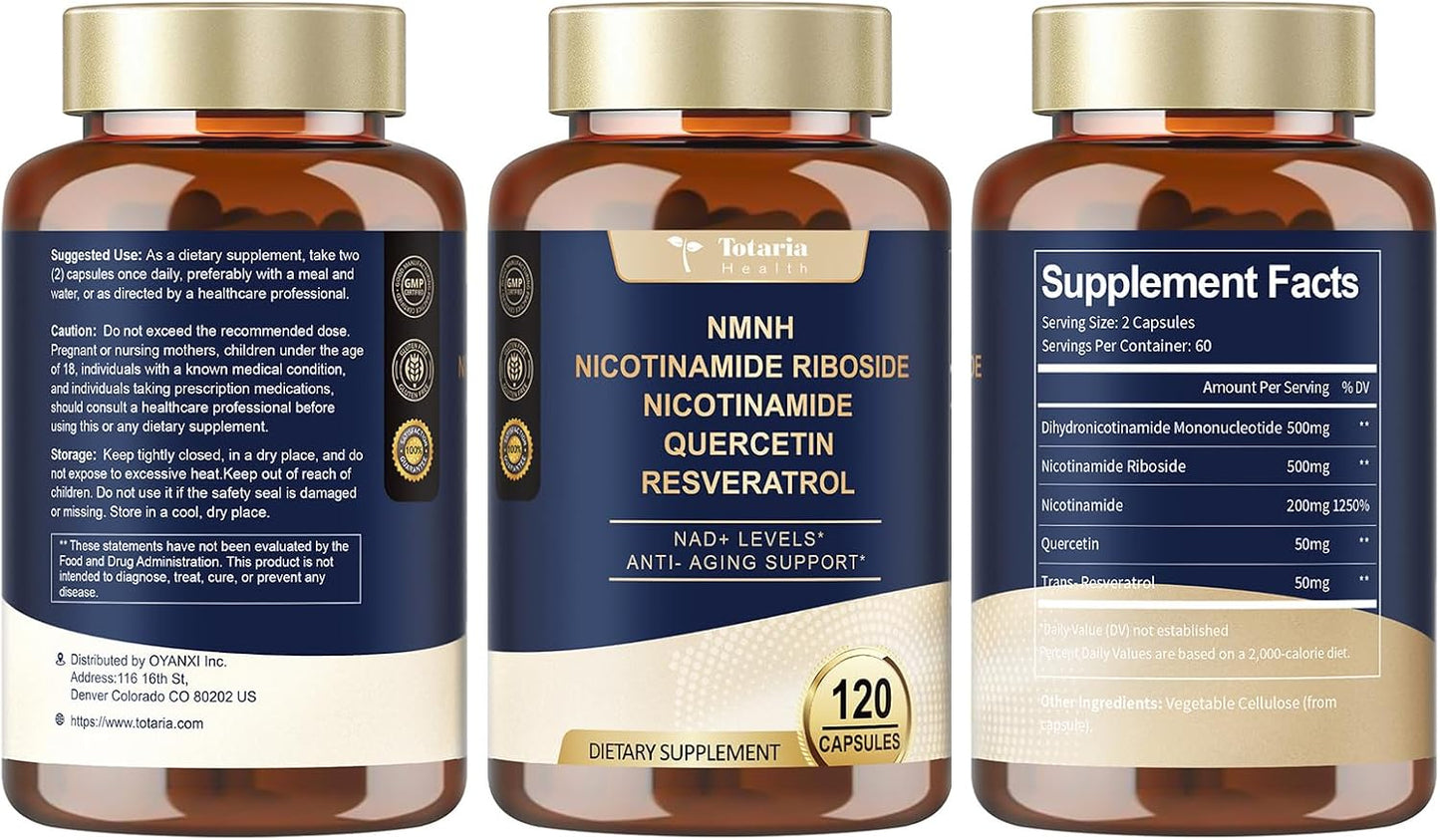 Totaria NMNH 500mg (Dihydronicotinamide Mononucleotide), Premium NMN Alternative Supplement w/Niacinamide (Vitamin B3), Quercetin, Trans-Resveratrol, for NAD+, Skin Cell, Anti-Aging & Energy, 120 Ct
