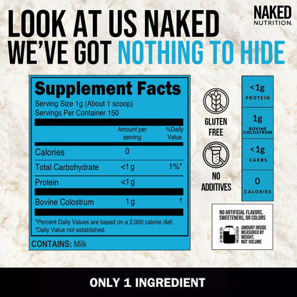 NAKED Colostrum Powder – 100% Grass-Fed Bovine Colostrum Supplement from US Farms | Tested at 20%+ IgG | Gut Health, Immunity, Recovery & Skin Support - 150 Servings