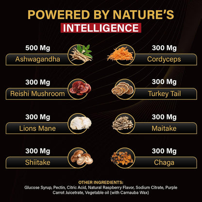 BrainRevive Lion's Mane Mushroom Gummies for Adults - Brain Supplement Gummies for Memory and Focus, Nootropic Brain Health, Ashwagandha, Reishi, Cordyceps, Vegan, 60 Count