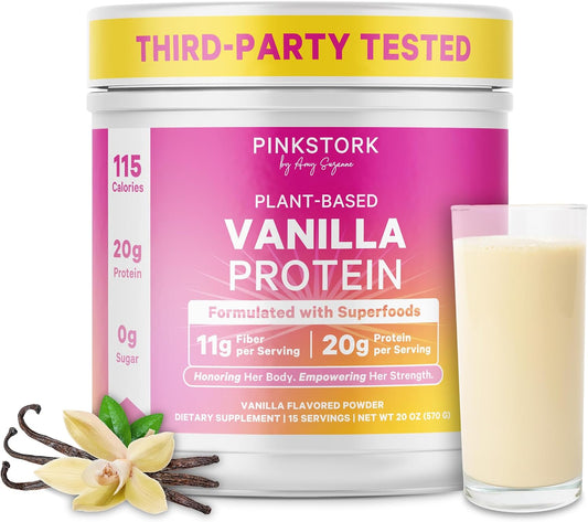 Pink Stork Protein Powder for Women, 20g Vanilla Plant-Based, 15 Scoops | With Fiber & Superfoods, Gluten Free, Dairy Free, Sugar Free, Pregnancy Friendly