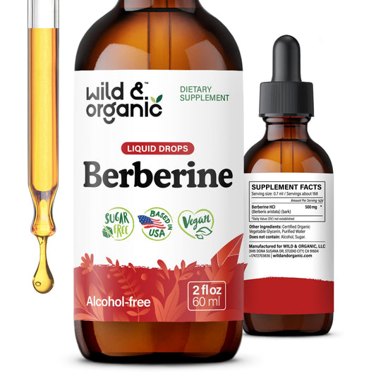 Wild & Organic Berberine Drops - Antioxidant Support - Liquid Berberine HCL 500mg - Add to Tea Supplement - Berberis Aristata Bark Extract - Pure, Vegan, Alcohol & Sugar-Free Tincture - 4 fl oz
