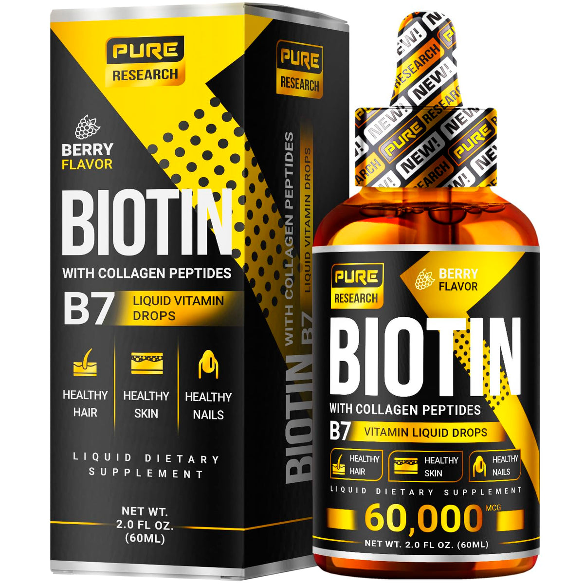 PURE RESEARCH Liquid Biotin & Collagen Hair Growth Drops 60,000mcg – Biotin and Liquid
