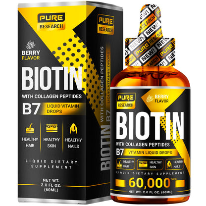 PURE RESEARCH Liquid Biotin & Collagen Hair Growth Drops 60,000mcg – Biotin and Liquid