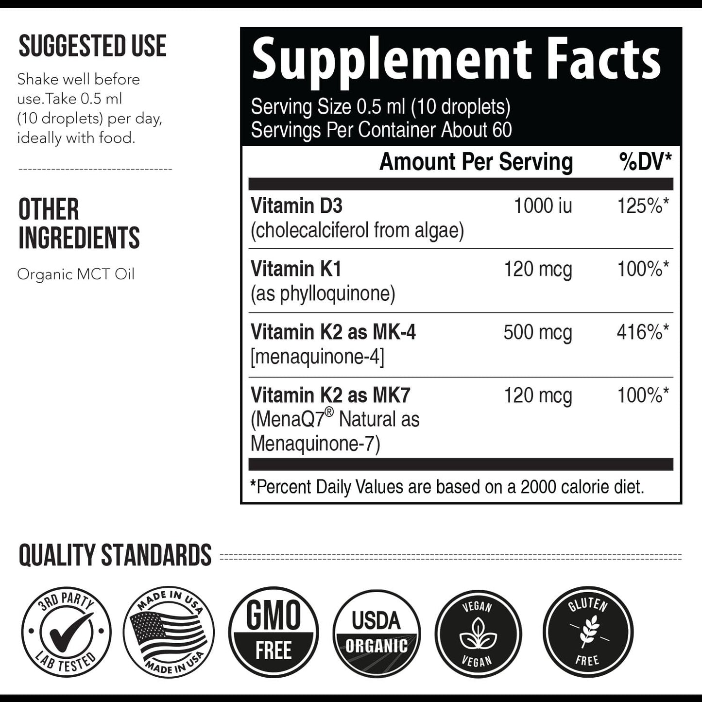 Total K2® | Vitamin K2 as MK7 & MK4 | Plus K1 & Vitamin D3 Cofactor - 620 mcg K2 per Serving - All-Trans MK7 from MenaQ7® - Full-Spectrum Vitamin K - Vegan, Organic Certified (60 Capsules)