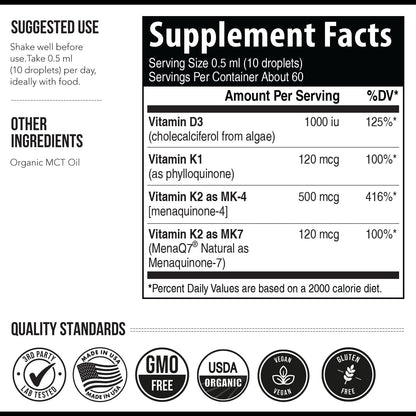 Total K2® | Vitamin K2 as MK7 & MK4 | Plus K1 & Vitamin D3 Cofactor - 620 mcg K2 per Serving - All-Trans MK7 from MenaQ7® - Full-Spectrum Vitamin K - Vegan, Organic Certified (60 Capsules)