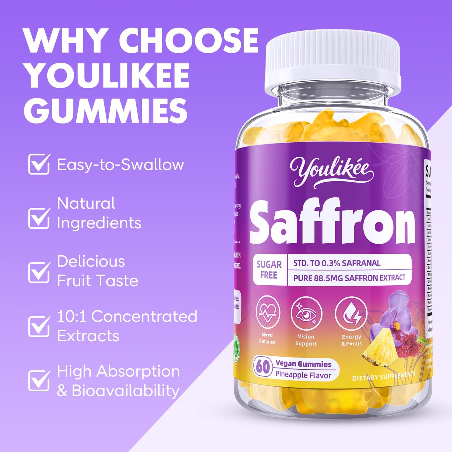 Saffron Gummies 88.5mg, Pineapple Flavor, 60 Count