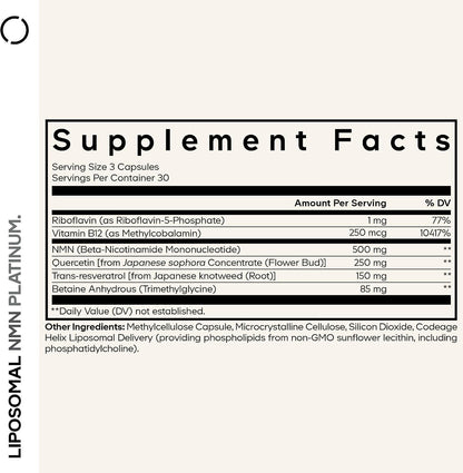 Codeage Liposomal NMN Platinum - 500 mg NMN Supplement, Nicotinamide Mononucleotide, NAD Precursor - Quercetin, Resveratrol, Betaine TMG, Vitamin B2 Riboflavin & Vitamin B12 - Non-GMO - 90 Capsules