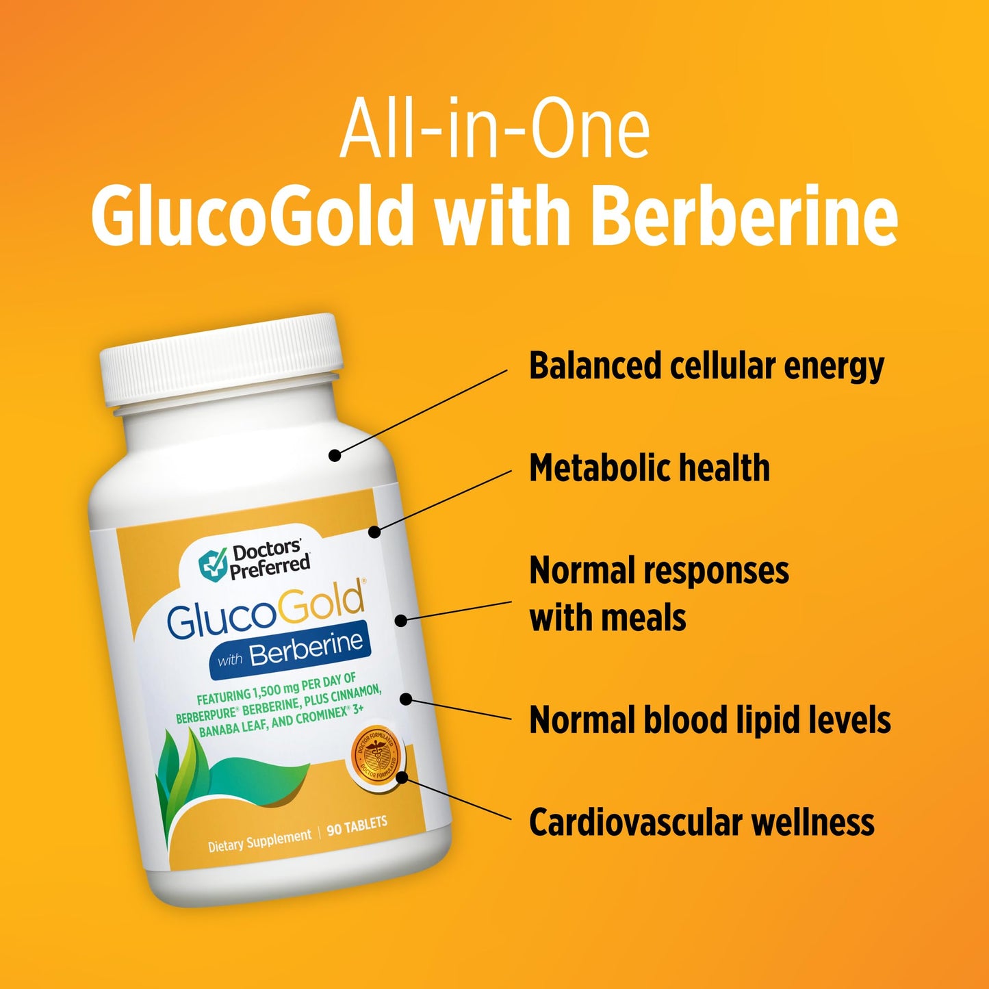 DOCTORS' PREFERRED GlucoGold with Berberine, Cinnamon & Chromium 90 Tablets
