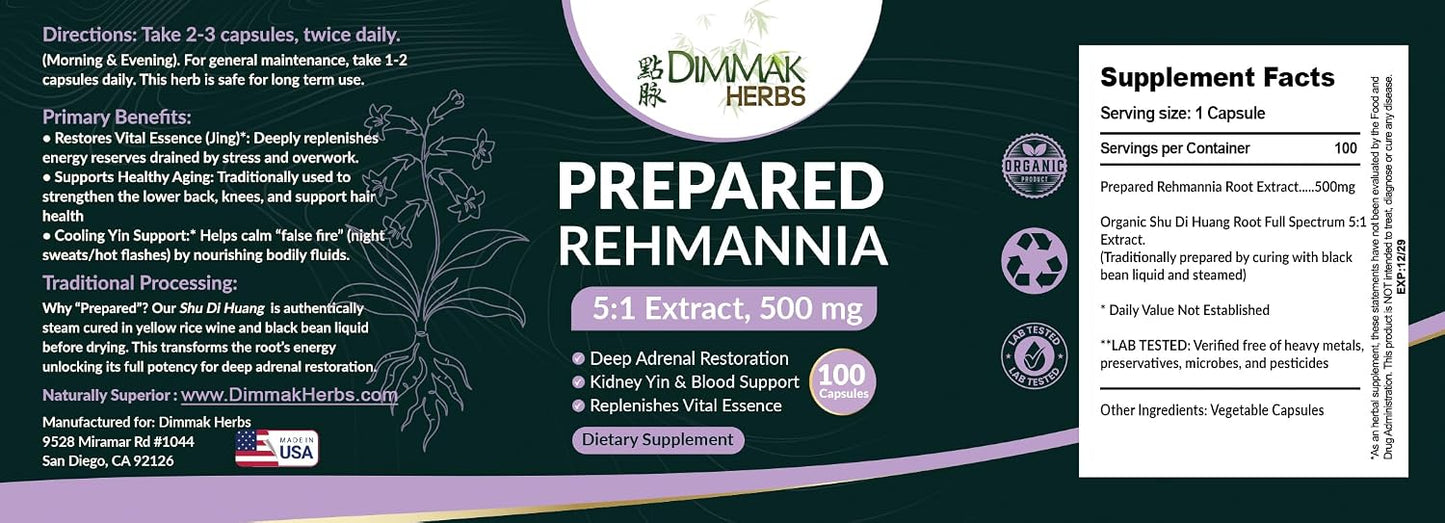 Prepared Rehmannia Root Capsules (Shu Di Huang)- 5:1 Organic Extract- High Potency Adrenal & Kidney Yin Tonic- Supports Menopause, Sleep & Vitality- Non-GMO Vegan, 500mg