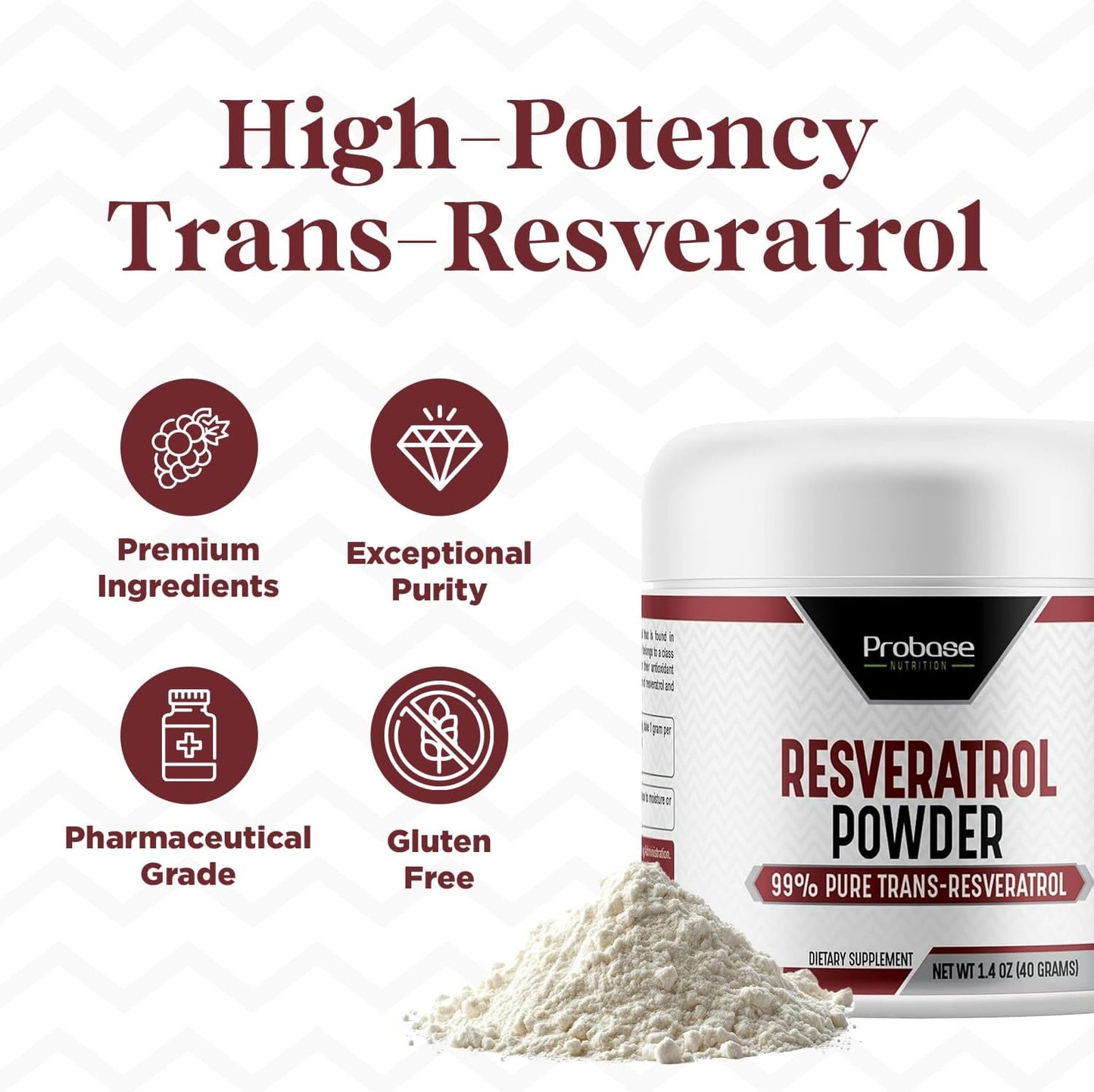 Probase Nutrition Trans Resveratrol Supplement, High Purity Resveratrol Powder for Age Support, 40-Day Supply, 40 Grams