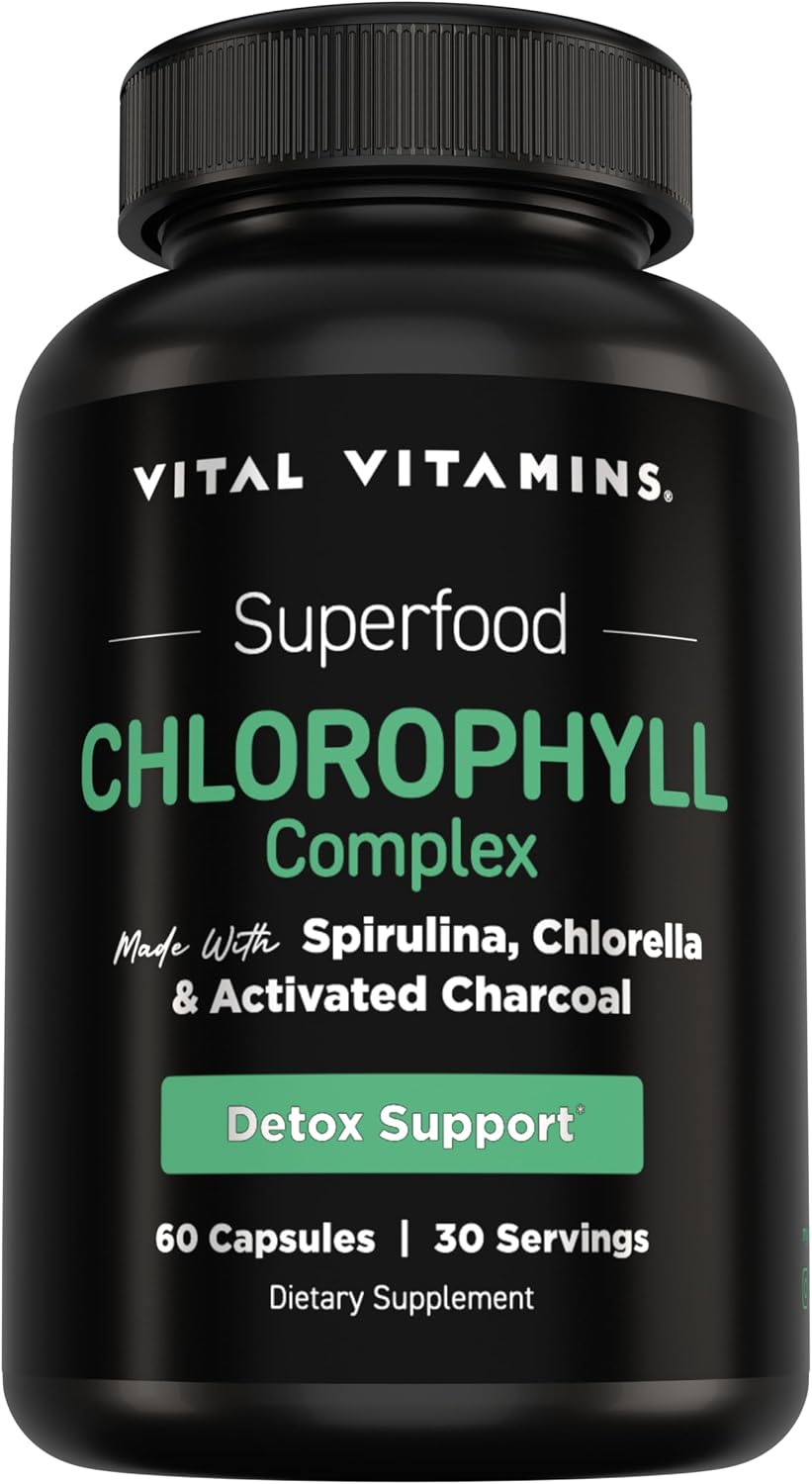 Vital Vitamins Chlorophyll Pills with Spirulina, Chlorella & Charcoal | Detoxifies & Freshens from Within, Natural Body Deodorizer, Superfood Complex for Women & Men, 60 Capsules