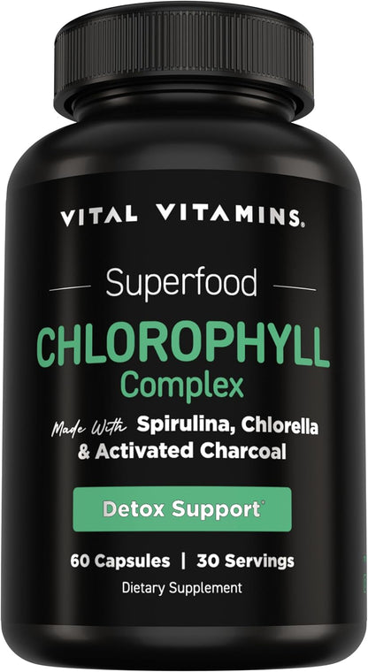 Vital Vitamins Chlorophyll Pills with Spirulina, Chlorella & Charcoal | Detoxifies & Freshens from Within, Natural Body Deodorizer, Superfood Complex for Women & Men, 60 Capsules