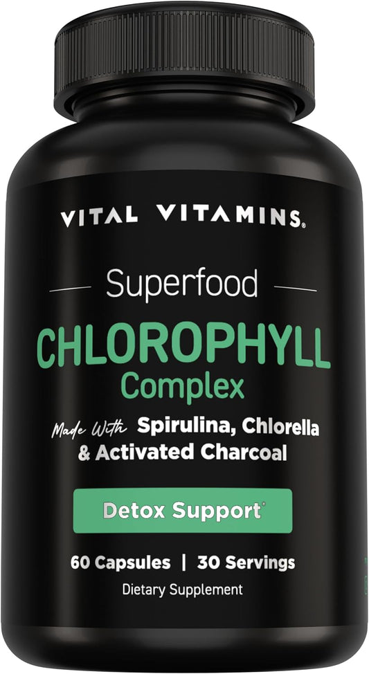 Vital Vitamins Chlorophyll Pills with Spirulina, Chlorella & Charcoal | Detoxifies & Freshens from Within, Natural Body Deodorizer, Superfood Complex for Women & Men, 60 Capsules