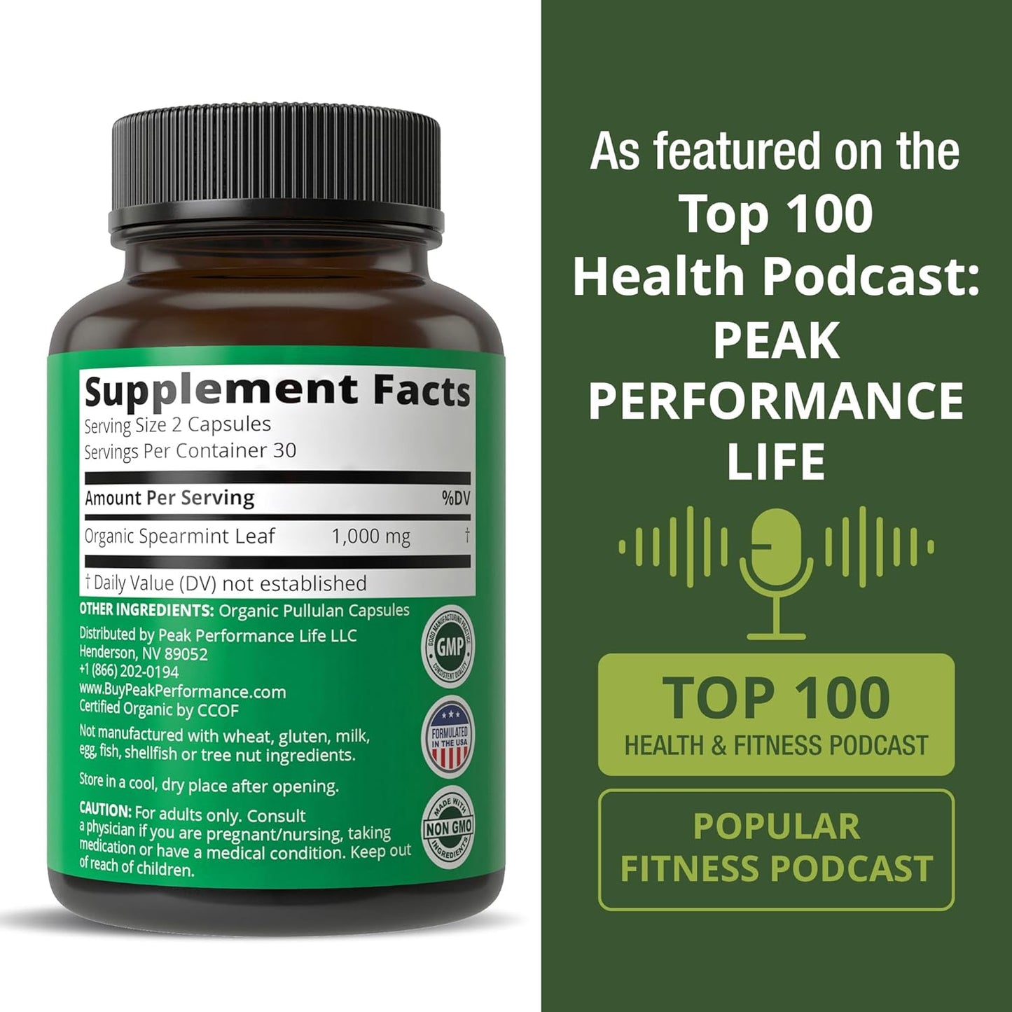 Peak Performance USDA Organic Spearmint Capsules. Organic Vegan Spearmint Leaf Pills for Digestive Support, Ingestion, and More. USA Tested Supplement for Women and Men.