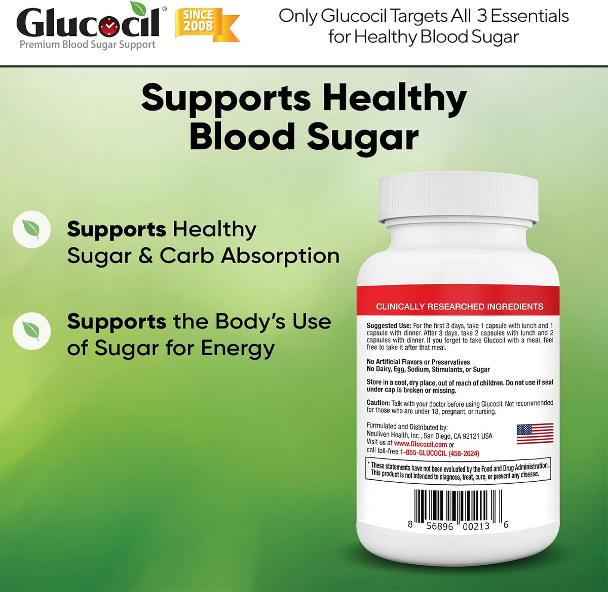 Glucocil – Vegetarian Capsules - Premium Blood Sugar Support - Supports the 3 Essentials for Healthy Blood Sugar - with Berberine, Proprietary Mulberry Leaf, and More