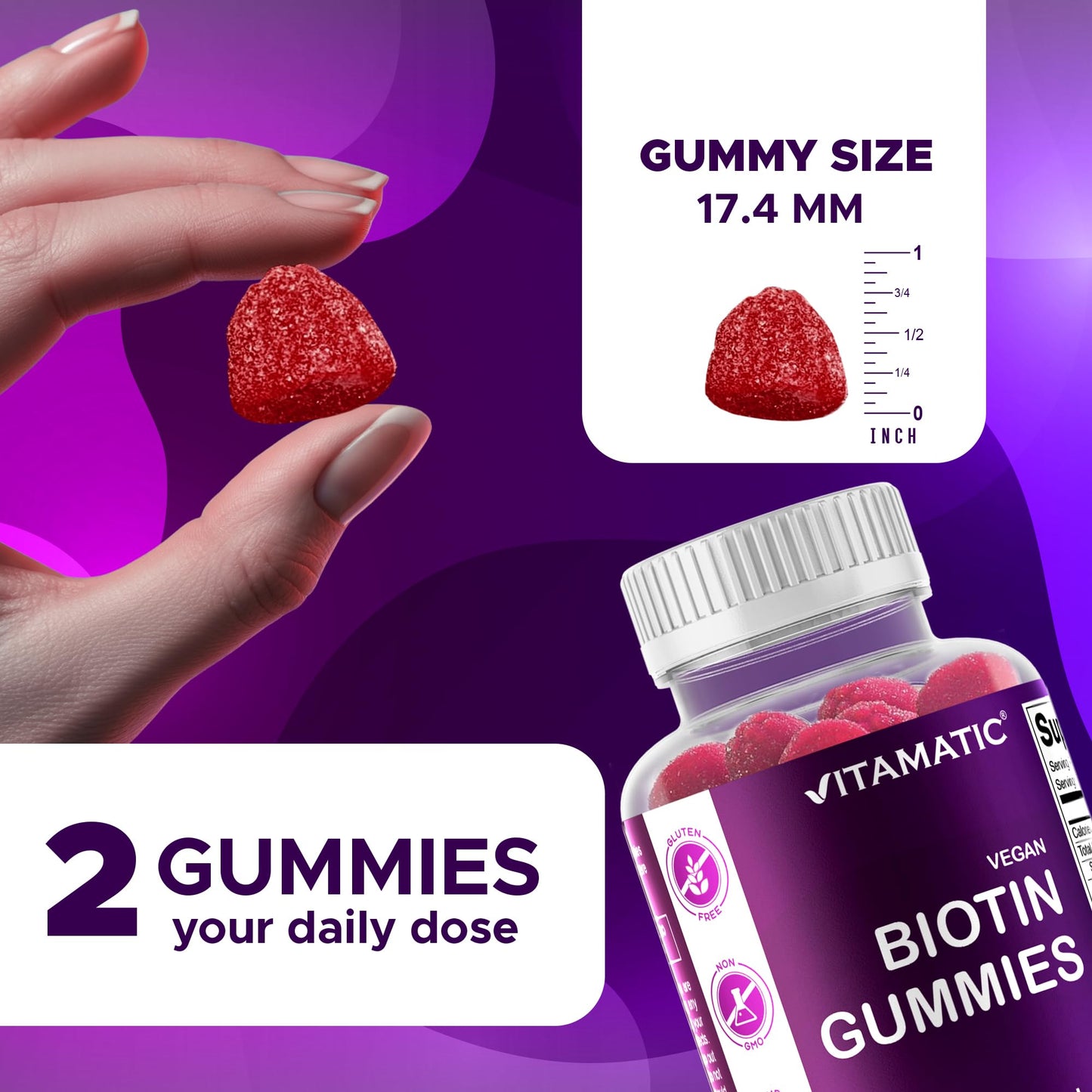 Vitamatic Biotin Gummies 10,000 mcg, 60 Vegan Gummies, Raspberry Flavor | 10000 mcg Per Serving, Natural Raspberry Flavor, Pectin Based, Non-GMO, Gluten Free, GMP Certified