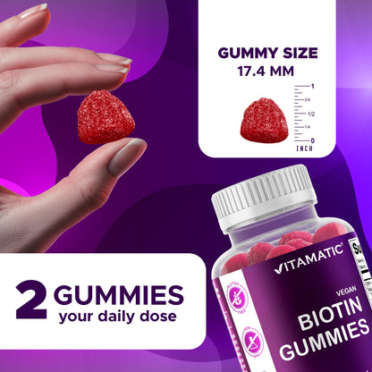 Vitamatic Biotin Gummies 10,000 mcg, 60 Vegan Gummies, Raspberry Flavor | 10000 mcg Per Serving, Natural Raspberry Flavor, Pectin Based, Non-GMO, Gluten Free, GMP Certified
