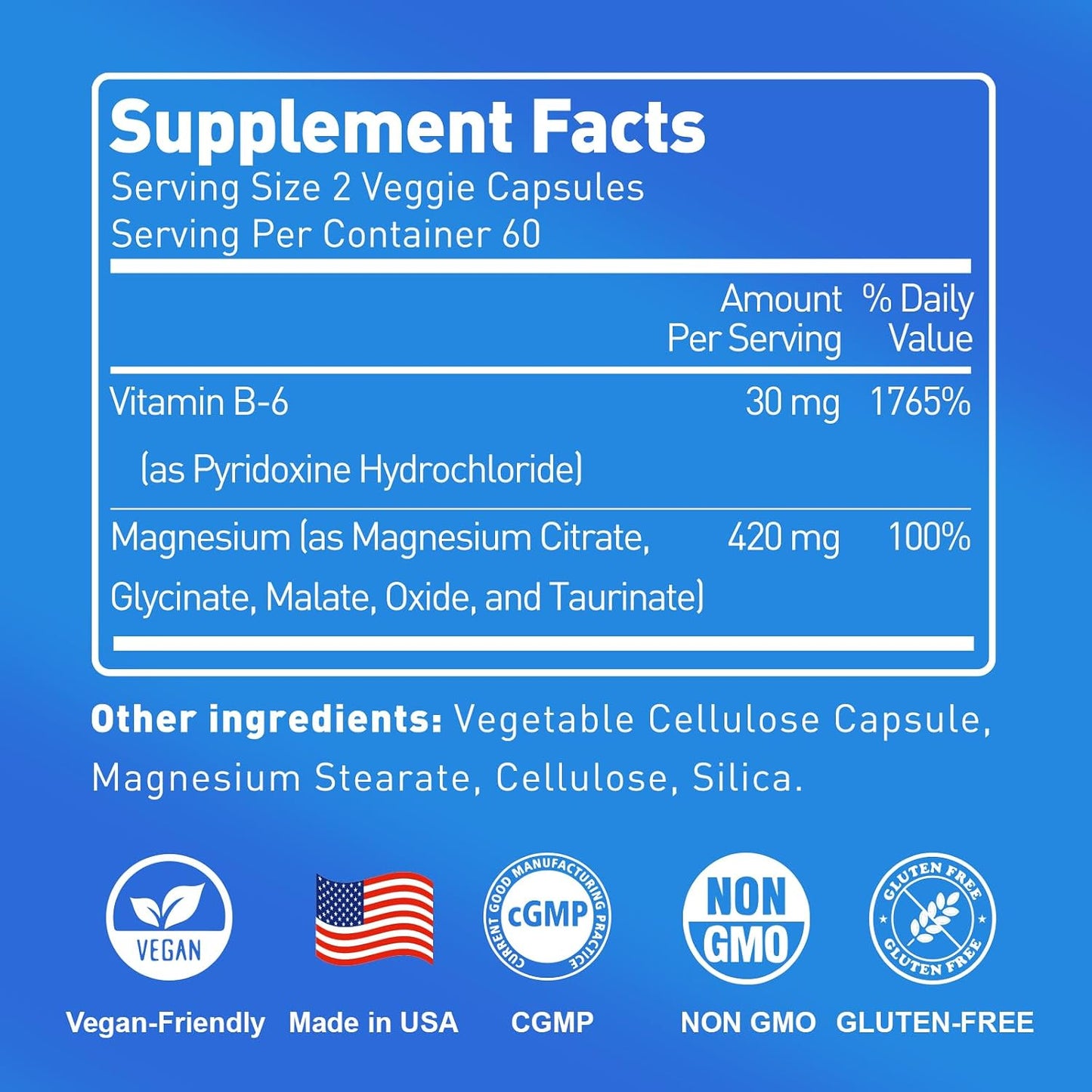 Magnesium B6 Supplement, 420mg Magnesium Complex, Citrate, Glycinate, Malate, Taurate, Oxide, Heart, Bone Support, Vegan,120 Capsules