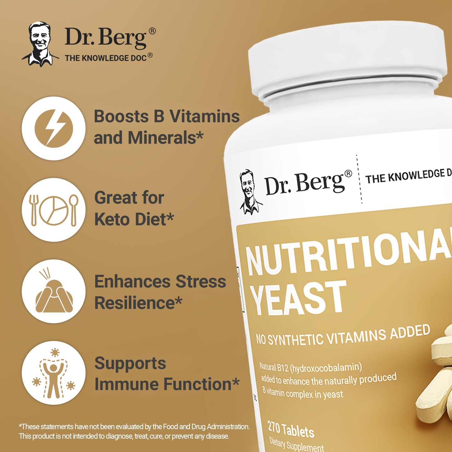 Dr. Berg Nutritionals Yeast Tablets – Natural B12 Added - All 8 B Vitamin Complex – Organic Vanilla Flavor - 270 Vegan Tablets Dietary Supplements