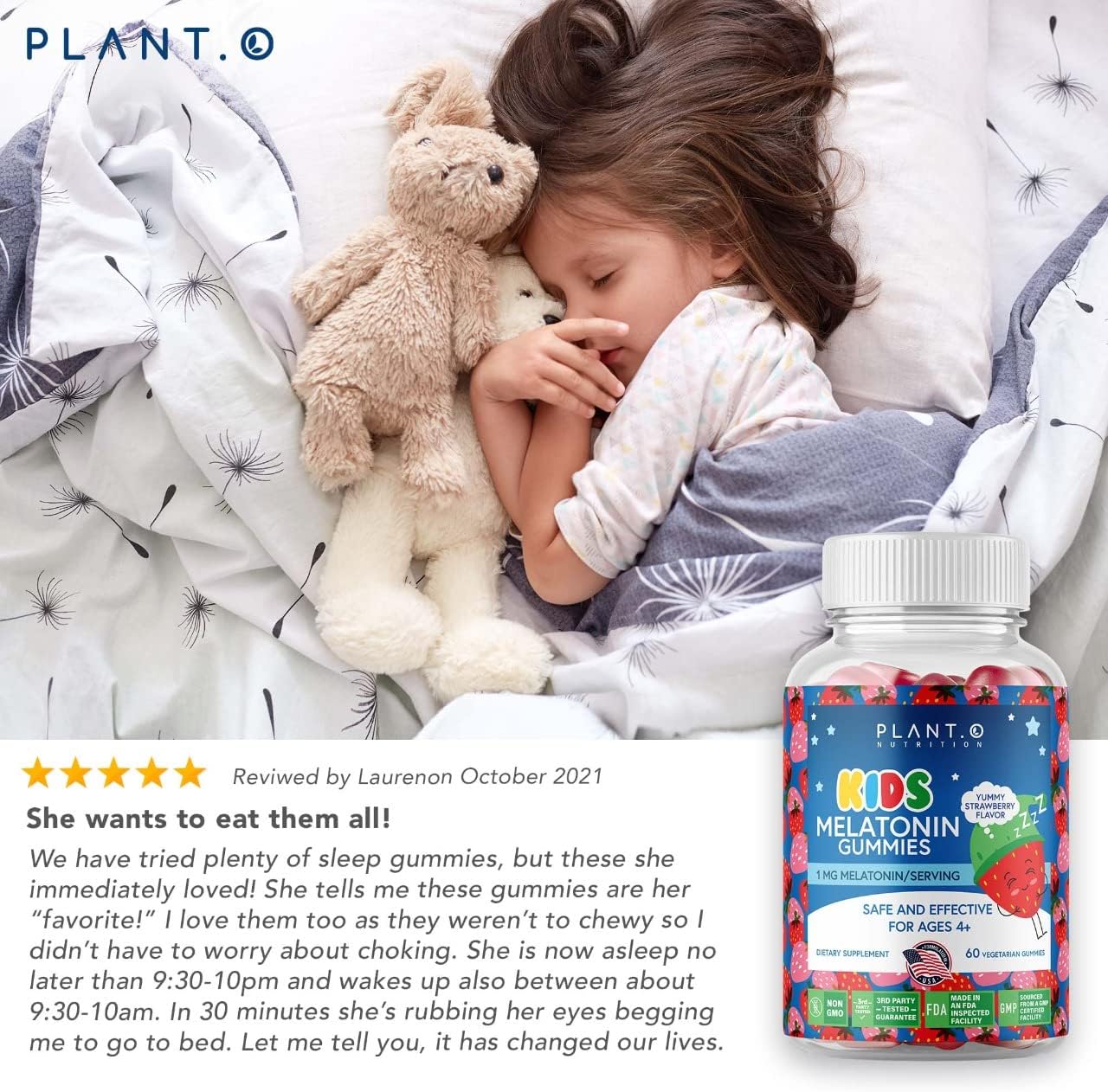 Kids Melatonin Gummies [Fall Asleep Faster with 100% Drug Free Strawberry Cream Flavored Gummy] for Natural Sleep Support | Vegetarian, Gluten Free | 60 Children’s Melotonin Chewables
