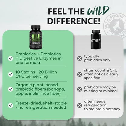 Wild Prebiotics and Probiotics with Digestive Enzymes | 20 Billion CFU - 10 Strains for Women & Men | Support Gut Health & Digestion Supplements | Non-GMO Prebiotic Fiber | 30 Count (Pack of 2)