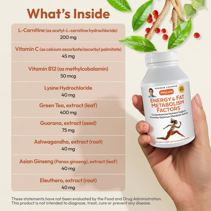 ANDREW LESSMAN Energy and Fat Metabolism Factors 60 Capsules - Promotes Optimum Fat Burning and Energy Metabolism, with Carnitine, Green Tea, Guarana, Ginseng, B-Complex. Easy to Swallow Capsules