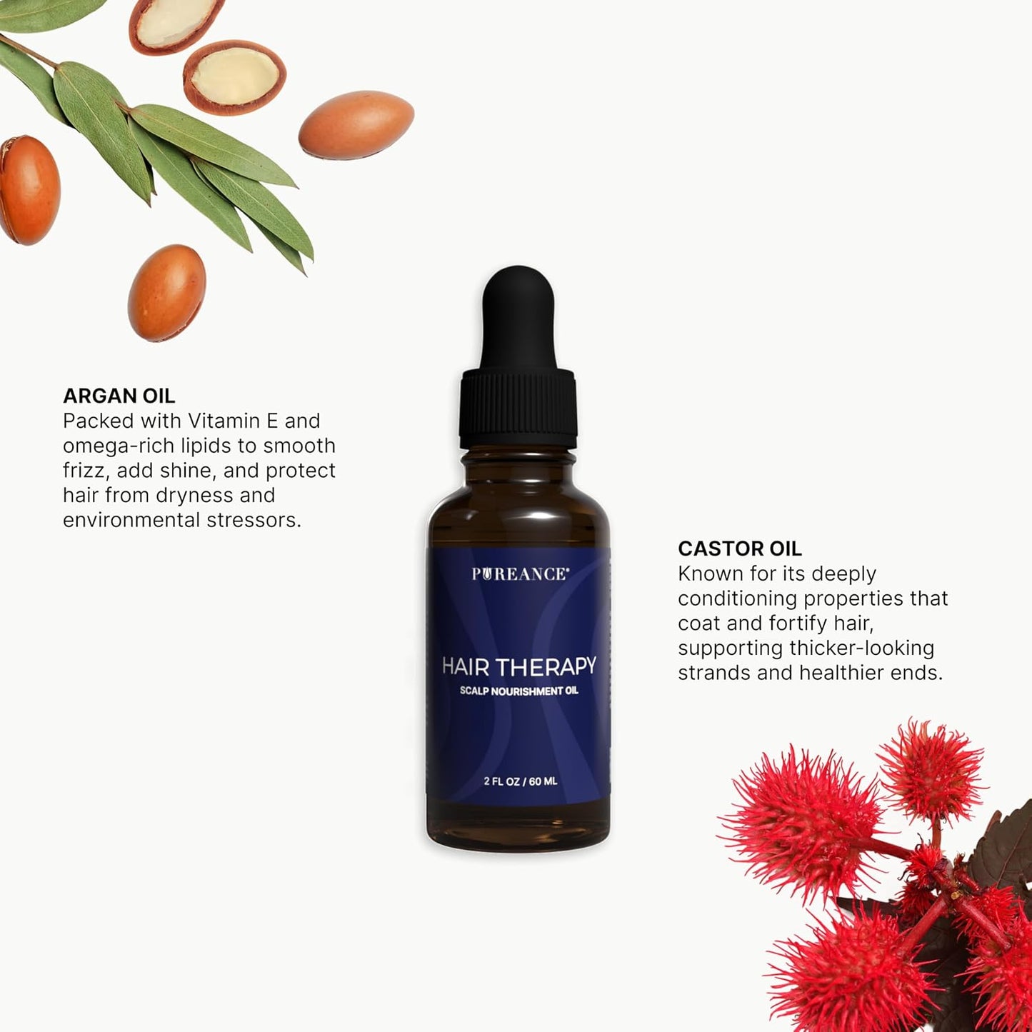 PUREANCE Hair Therapy - Hair Growth Oil for Dry & Frizzy Hair | Scalp Serum for Women & Men - Aloe Vera Gel, Castor, Argan, Black Seed, Rosemary & Peppermint Essential Oils & More - 2 Fl OZ