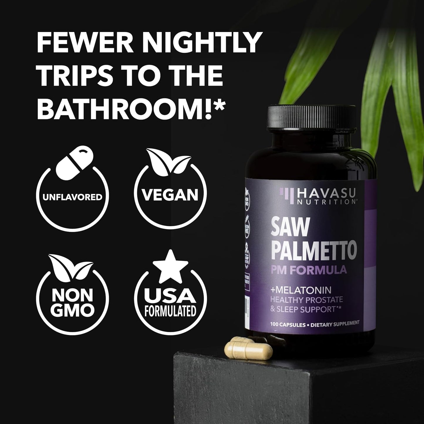 Saw Palmetto PM for Men w/ Melatonin, Night Time Bladder Support, 100 Count | Vegan, Non-GMO Saw Palmetto Extract & Melatonin to Reduce Urinary Frequency, Prostate Health Supplement, 100 Servings