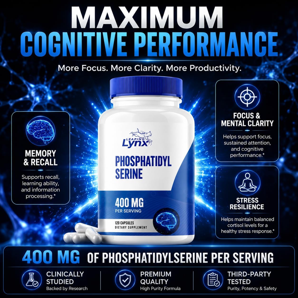 Phosphatidylserine 400 mg – Sunflower Phosphatidylserine Supplement – 120 Capsules (60 Servings) – PS Supplement for Brain, Memory & Cognitive Support – Non-GMO, ISO-Certified