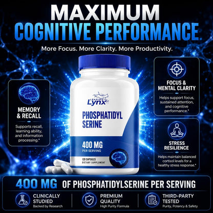 Phosphatidylserine 400 mg – Sunflower Phosphatidylserine Supplement – 120 Capsules (60 Servings) – PS Supplement for Brain, Memory & Cognitive Support – Non-GMO, ISO-Certified